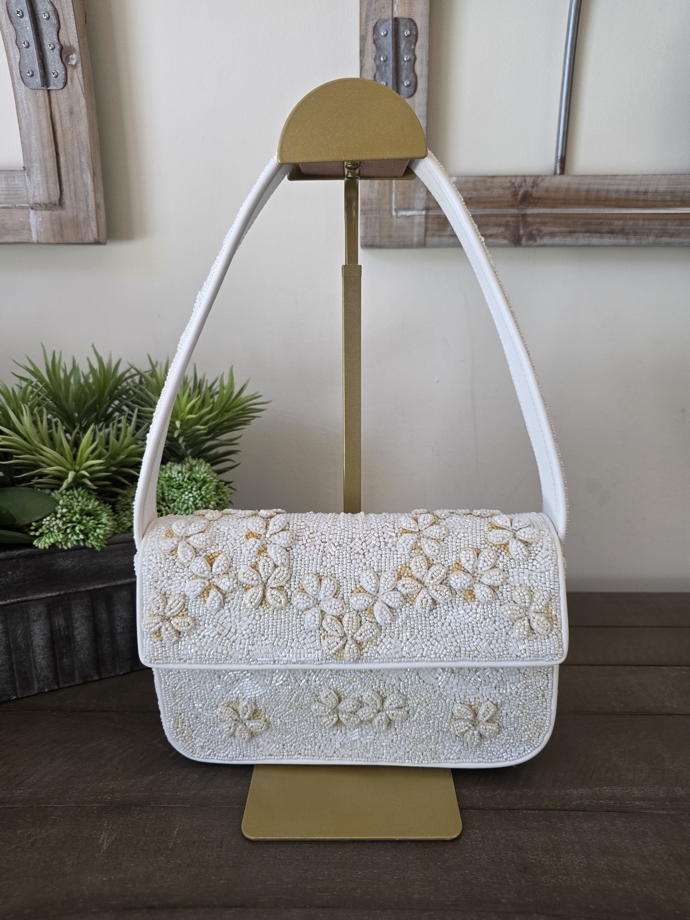 Staud Garden Party Tommy Beaded Shoulder Bag 3D Floral Cream